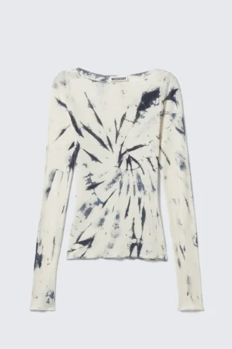 Slim Fit Printed Long-Sleeved Boat-Neck Top – White Tie-Dye