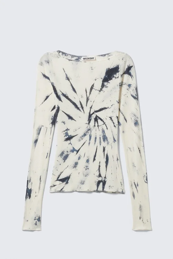 Slim Fit Printed Long-Sleeved Boat-Neck Top – White Tie-Dye Slim Fit Printed Long-Sleeved Boat-Neck Top – White Tie-Dye
