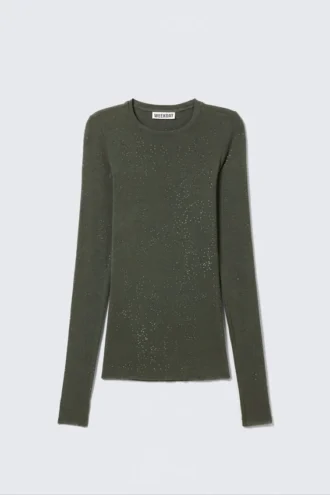 Slim Fit Printed Rhinestone Top – Dark Khaki Green