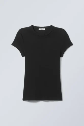 Slim Fit Ribbed Cotton T-Shirt – Black