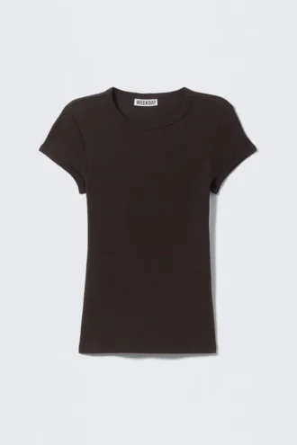 Slim Fit Ribbed Cotton T-Shirt – Dark Brown