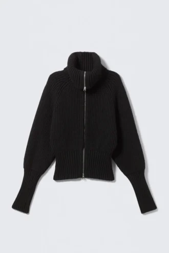 Slim Fit Ribbed Zip Cardigan – Black