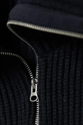 Slim Fit Ribbed Zip Cardigan – Dark Blue