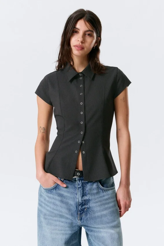 Slim Fit Short-Sleeved Crepe Shirt – Dark Grey – Pinstriped Slim Fit Short-Sleeved Crepe Shirt – Dark Grey – Pinstriped