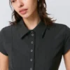 Slim Fit Short-Sleeved Crepe Shirt – Dark Grey – Pinstriped Slim Fit Short-Sleeved Crepe Shirt – Dark Grey – Pinstriped