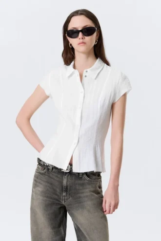 Slim Fit Short-Sleeved Crepe Shirt – White Slim Fit Short-Sleeved Crepe Shirt – White