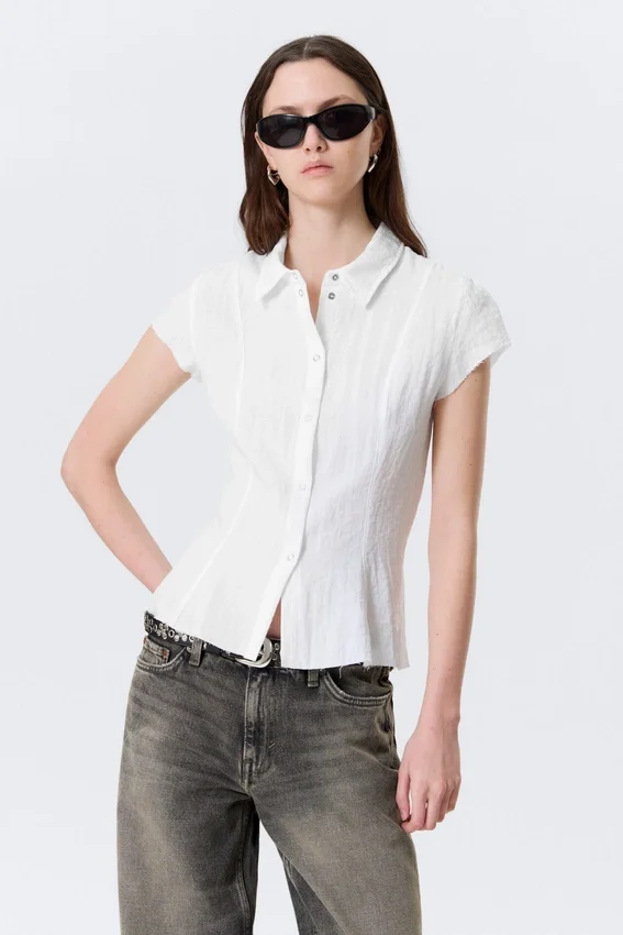 Slim Fit Short-Sleeved Crepe Shirt – White Slim Fit Short-Sleeved Crepe Shirt – White