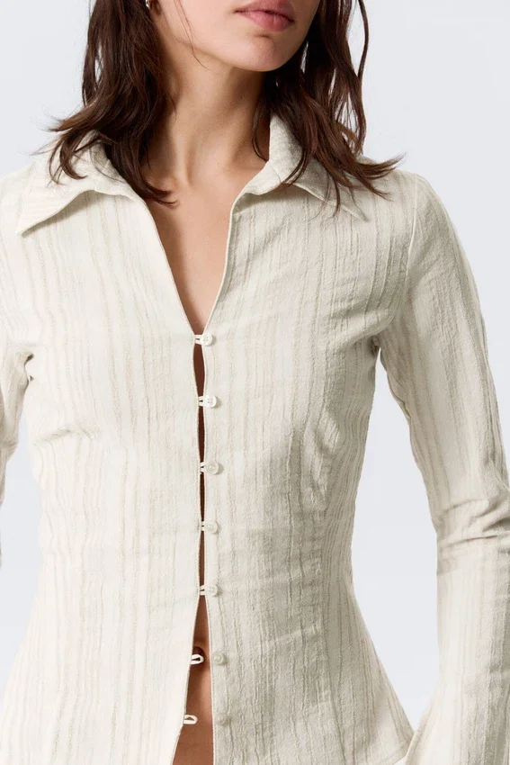 Slim Fit Textured Blouse – Light Beige Slim Fit Textured Blouse – Light Beige