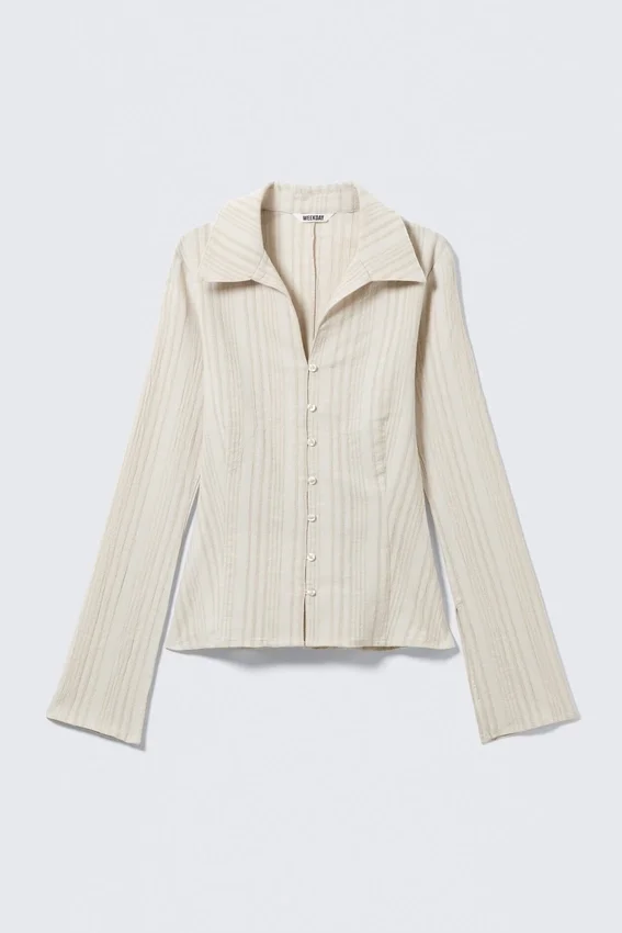 Slim Fit Textured Blouse – Light Beige Slim Fit Textured Blouse – Light Beige
