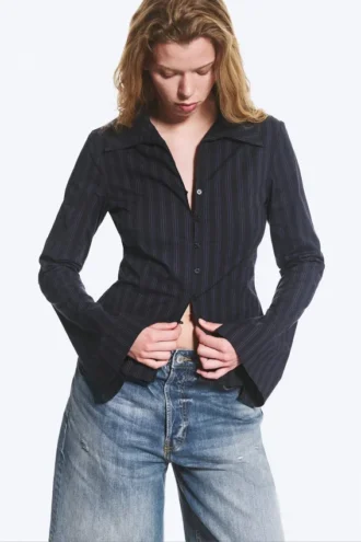 Slim Fit Textured Blouse – Striped Dark Blue