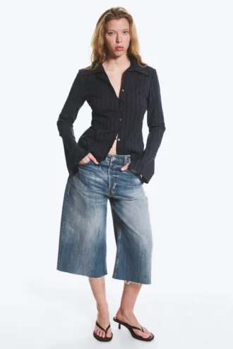 Slim Fit Textured Blouse – Striped Dark Blue