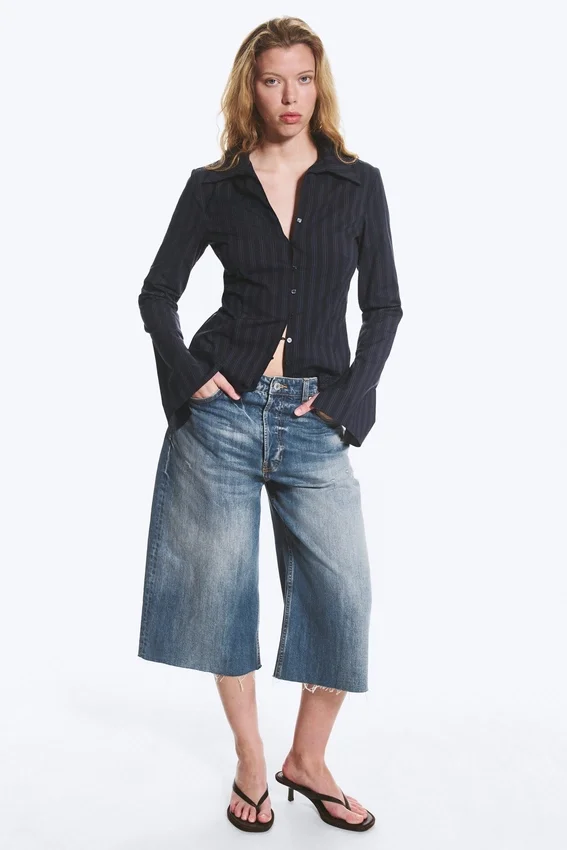 Slim Fit Textured Blouse – Striped Dark Blue Slim Fit Textured Blouse – Striped Dark Blue