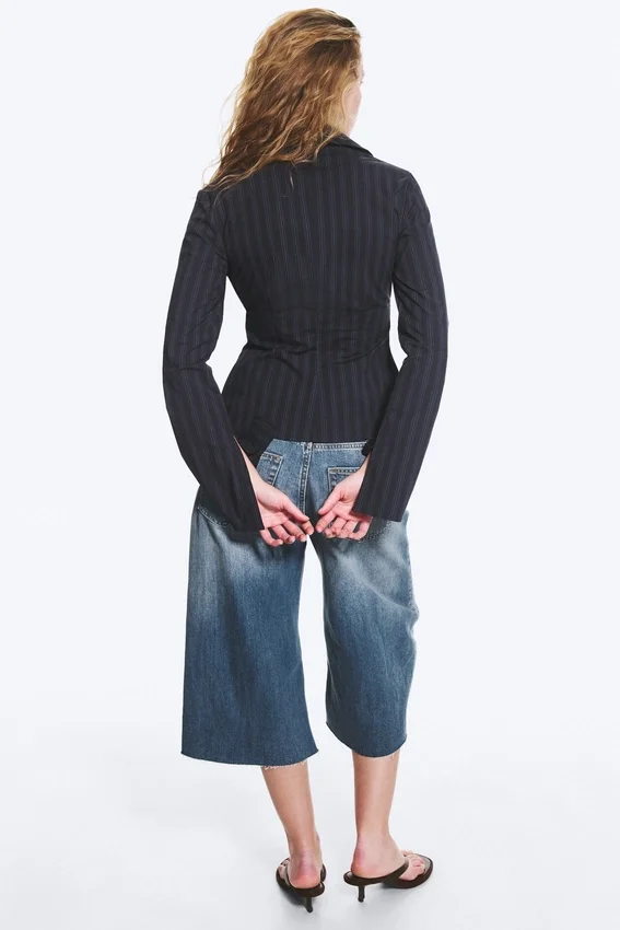 Slim Fit Textured Blouse – Striped Dark Blue Slim Fit Textured Blouse – Striped Dark Blue