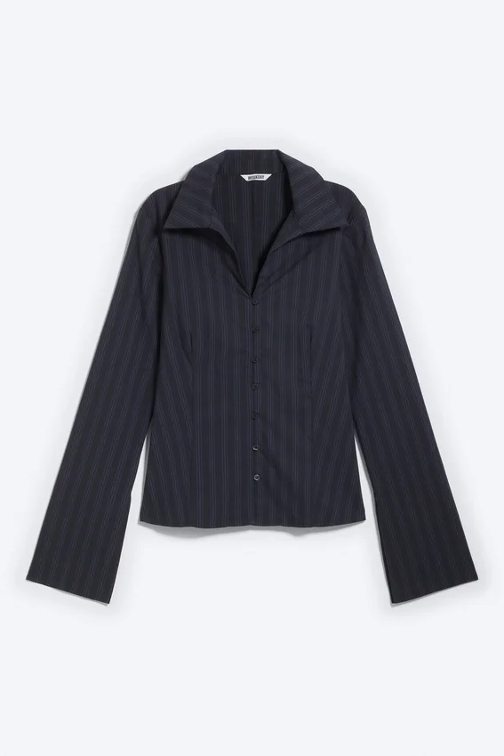 Slim Fit Textured Blouse – Striped Dark Blue Slim Fit Textured Blouse – Striped Dark Blue