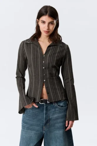 Slim Fit Textured Blouse – Striped Dark Grey