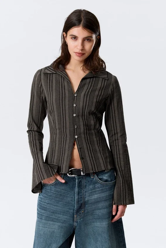 Slim Fit Textured Blouse – Striped Dark Grey Slim Fit Textured Blouse – Striped Dark Grey