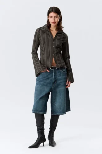 Slim Fit Textured Blouse – Striped Dark Grey