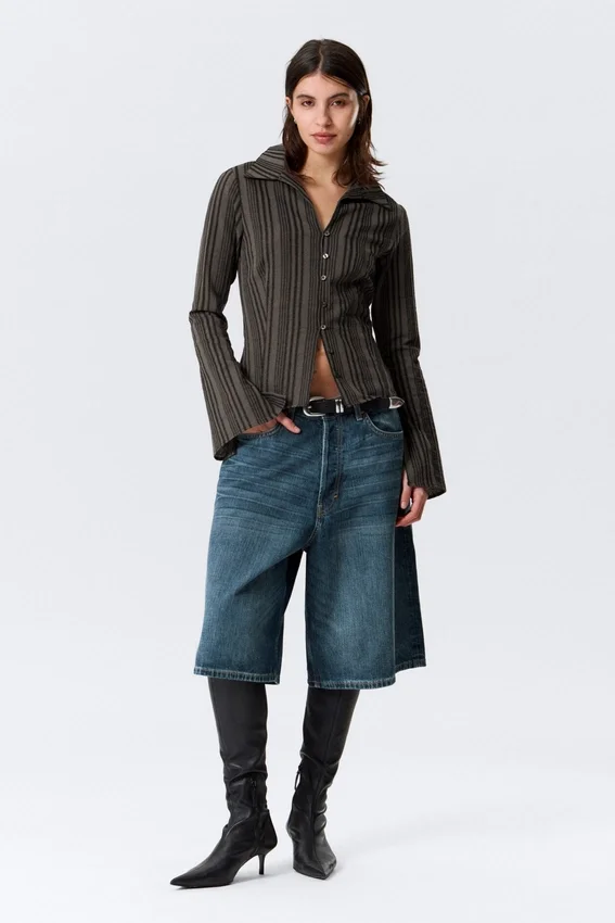 Slim Fit Textured Blouse – Striped Dark Grey Slim Fit Textured Blouse – Striped Dark Grey