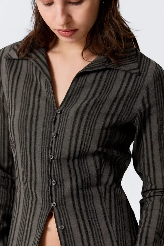 Slim Fit Textured Blouse – Striped Dark Grey Slim Fit Textured Blouse – Striped Dark Grey