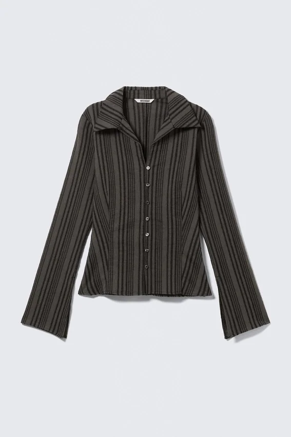 Slim Fit Textured Blouse – Striped Dark Grey Slim Fit Textured Blouse – Striped Dark Grey
