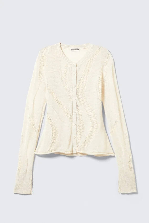 Slim Fit Textured Knit Cardigan – Off-White Slim Fit Textured Knit Cardigan – Off-White