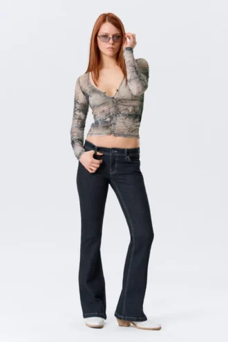 Slim Gathered Long-Sleeved Mesh Cardigan – Beige/Grey – Snakeskin Print