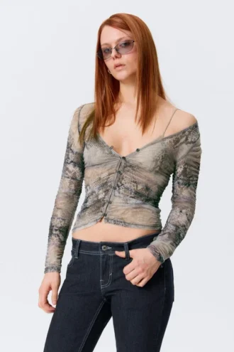 Slim Gathered Long-Sleeved Mesh Cardigan – Beige/Grey – Snakeskin Print