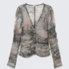 Slim Gathered Long-Sleeved Mesh Cardigan – Beige/Grey – Snakeskin Print Slim Gathered Long-Sleeved Mesh Cardigan – Beige/Grey – Snakeskin Print