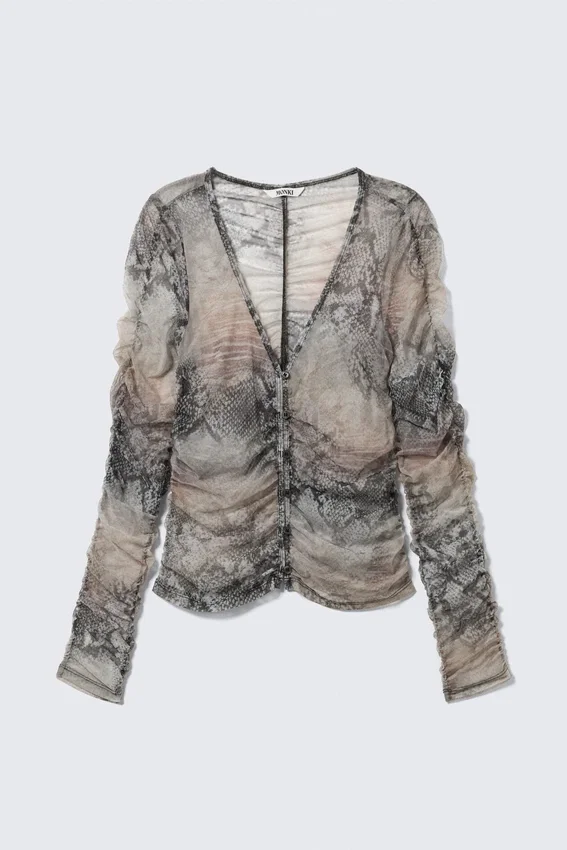 Slim Gathered Long-Sleeved Mesh Cardigan – Beige/Grey – Snakeskin Print Slim Gathered Long-Sleeved Mesh Cardigan – Beige/Grey – Snakeskin Print