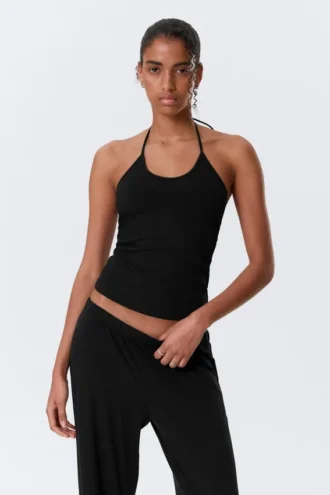 Slim Halterneck Cotton Top – Black