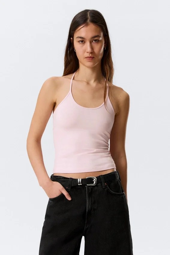 Slim Halterneck Cotton Top – Light Pink Slim Halterneck Cotton Top – Light Pink