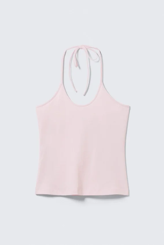 Slim Halterneck Cotton Top – Light Pink Slim Halterneck Cotton Top – Light Pink