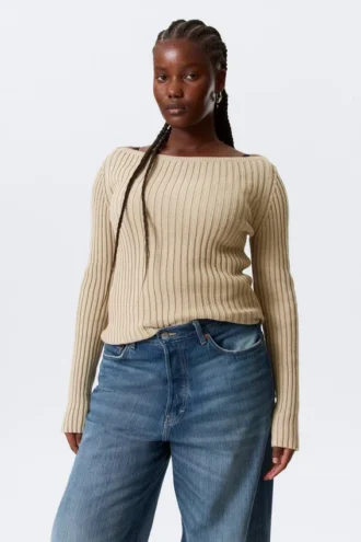 Slim Knitted Boat-Neck Sweater – Beige