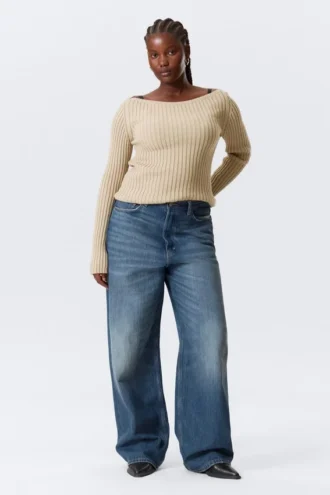 Slim Knitted Boat-Neck Sweater – Beige