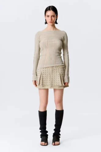 Slim Knitted Boat-Neck Sweater – Beige