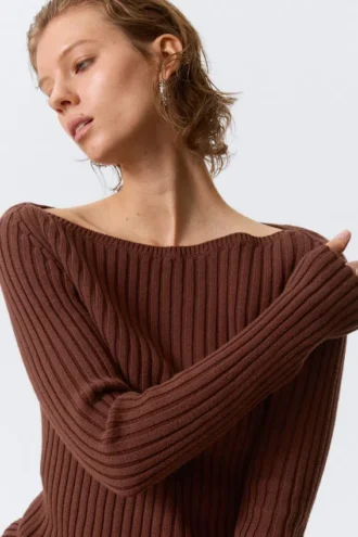 Slim Knitted Boat-Neck Sweater – Rusty Brown