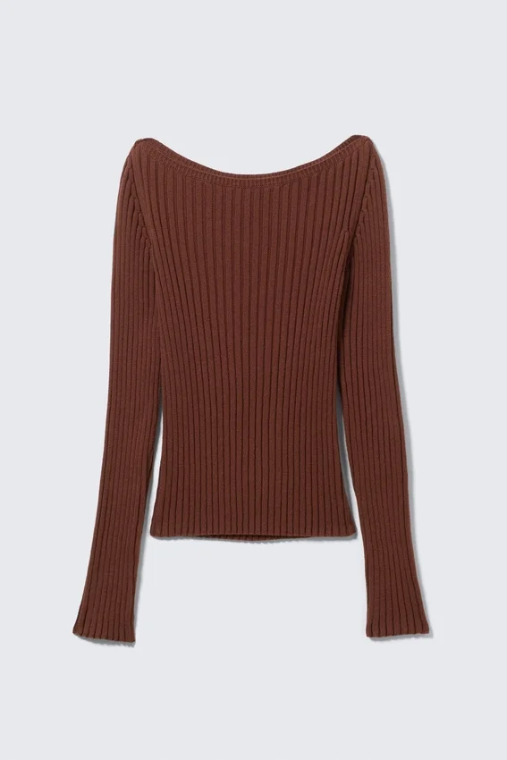 Slim Knitted Boat-Neck Sweater – Rusty Brown Slim Knitted Boat-Neck Sweater – Rusty Brown