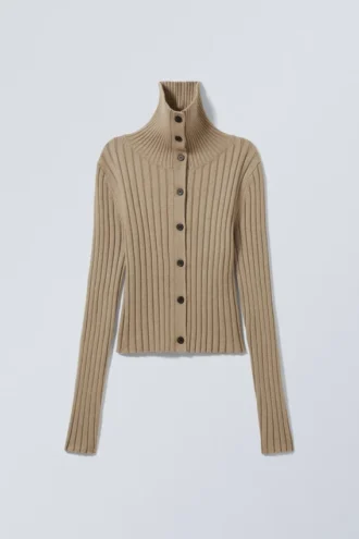 Slim Knitted Turtleneck Cardigan – Dusty Beige Slim Knitted Turtleneck Cardigan – Dusty Beige