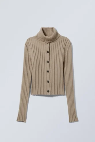 Slim Knitted Turtleneck Cardigan – Dusty Beige Slim Knitted Turtleneck Cardigan – Dusty Beige