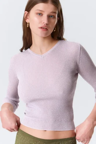 Slim Knitted V-Neck Sweater – Light Pink