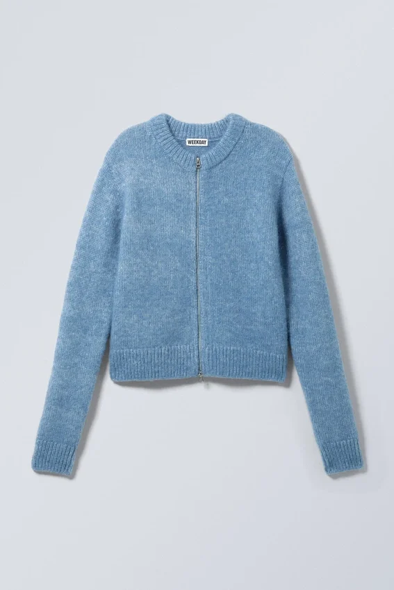 Slim Knitted Zip Cardigan – Blue Melange Slim Knitted Zip Cardigan – Blue Melange