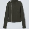 Slim Knitted Zip Cardigan – Dark Khaki Green Slim Knitted Zip Cardigan – Dark Khaki Green