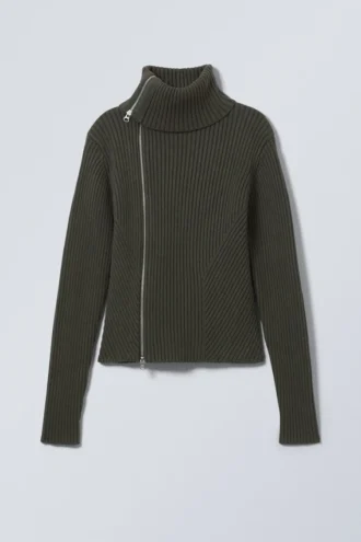 Slim Knitted Zip Cardigan – Dark Khaki Green