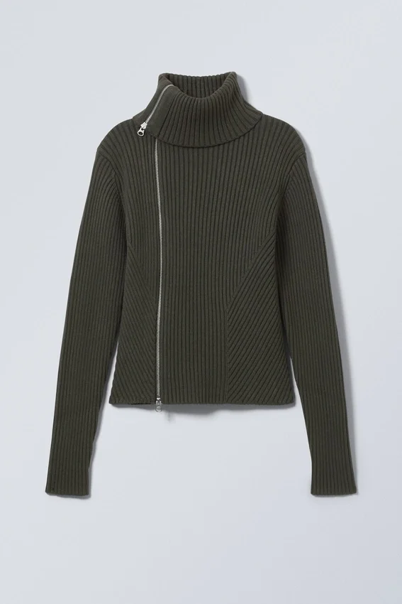 Slim Knitted Zip Cardigan – Dark Khaki Green Slim Knitted Zip Cardigan – Dark Khaki Green