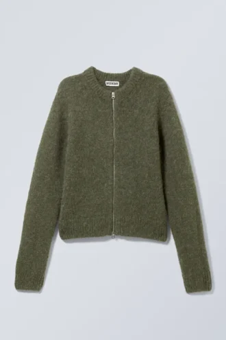 Slim Knitted Zip Cardigan – Dark Khaki Green Slim Knitted Zip Cardigan – Dark Khaki Green