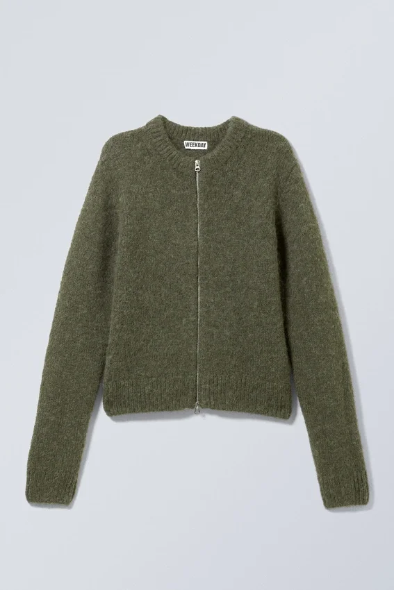 Slim Knitted Zip Cardigan – Dark Khaki Green Slim Knitted Zip Cardigan – Dark Khaki Green