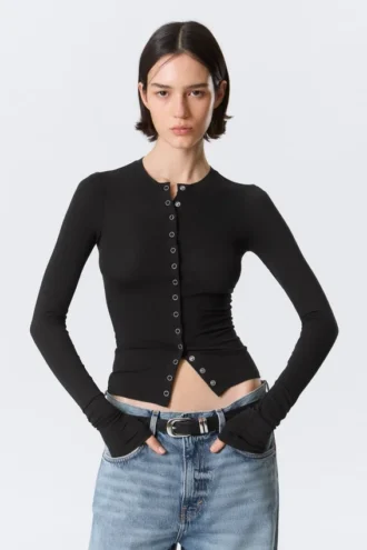 Slim Long-Sleeved Buttoned Cardigan – Black