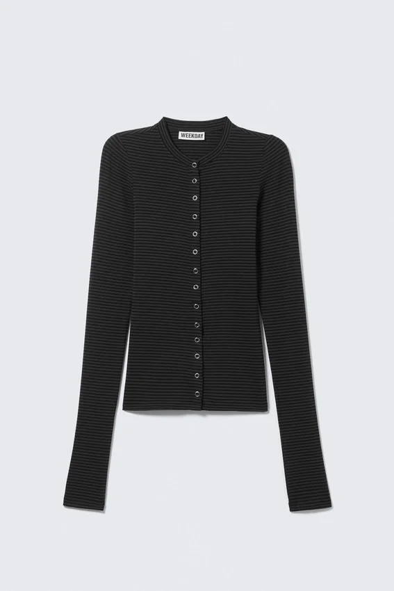 Slim Long-Sleeved Buttoned Cardigan – Striped Dark Grey Slim Long-Sleeved Buttoned Cardigan – Striped Dark Grey
