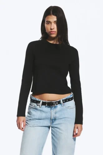 Slim Long-Sleeved Cotton Top – Black