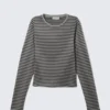 Slim Long-Sleeved Cotton Top – Black & Grey Stripes Slim Long-Sleeved Cotton Top – Black & Grey Stripes